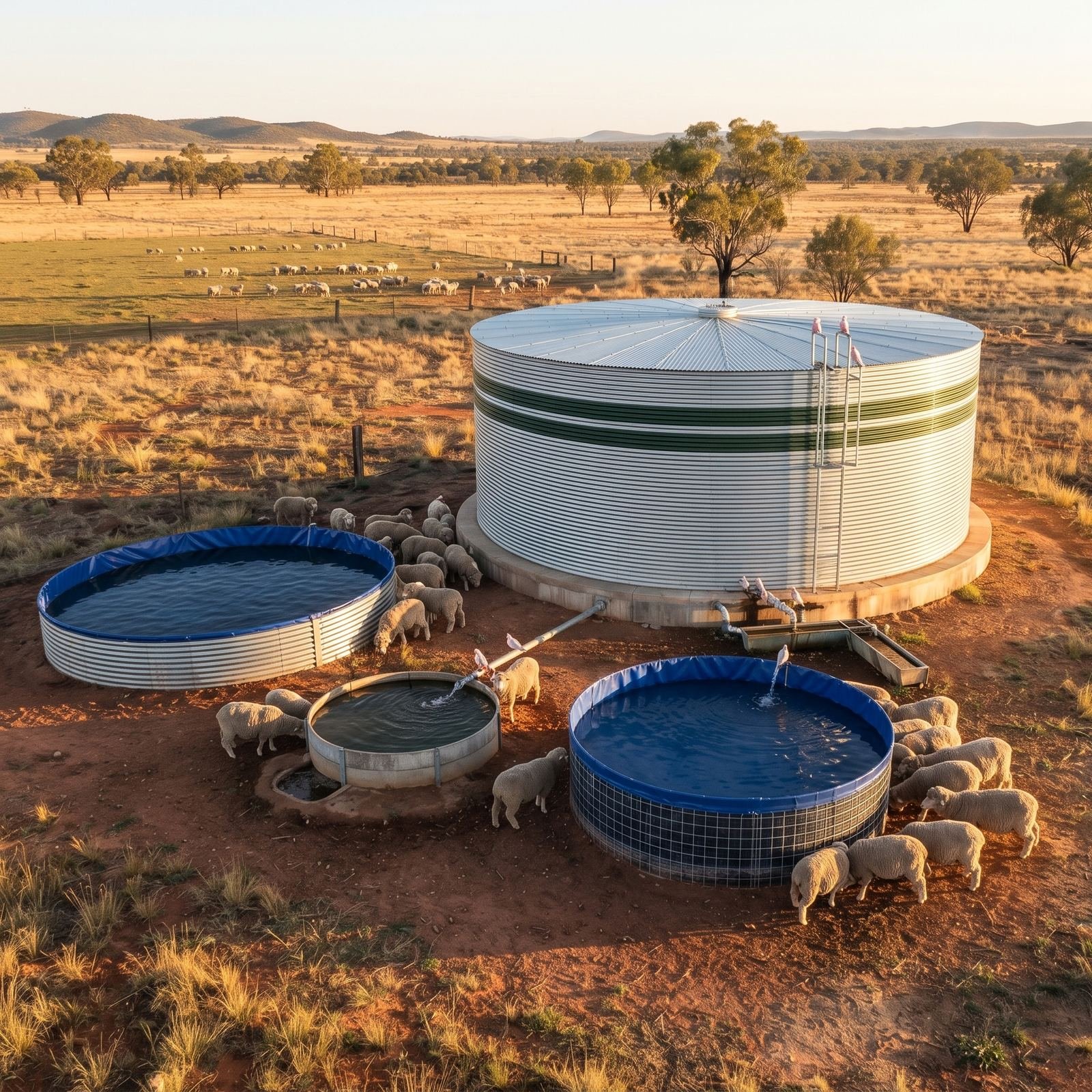 Tanque australiano, tanques en geomembrana y en malla electrosoldada abasteciendo un rebaño en una finca